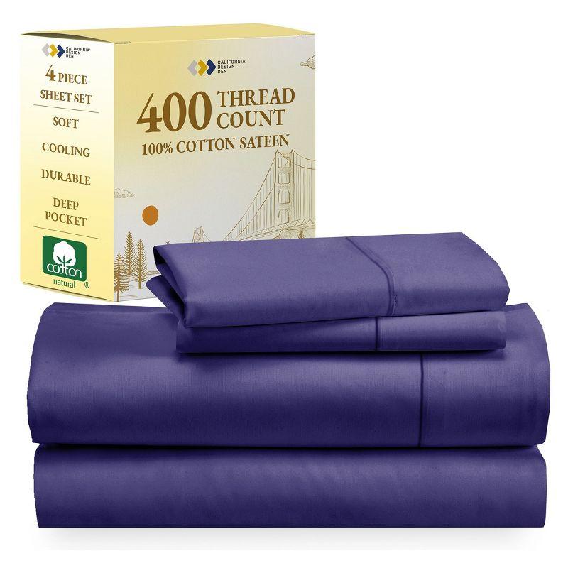 Dark Purple Queen Sheet Set - 100% Pure Cotton Sateen Weave, 400 Thread Count Deep Pocket Sheets, 4 Piece Ultra Soft Bedding - California Design Den