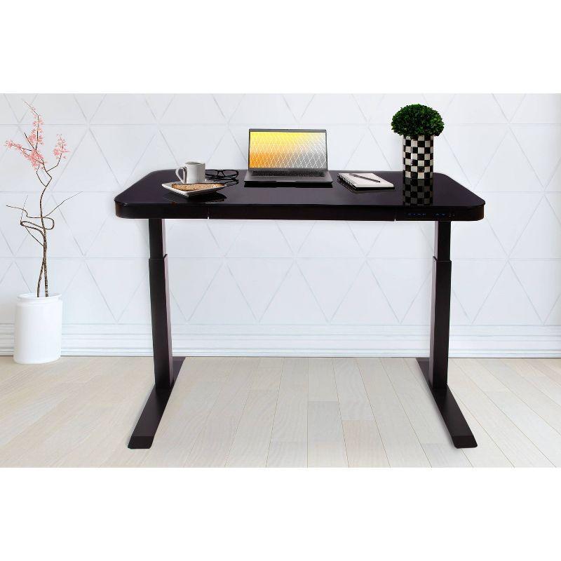 Black Adjustable Height Glass Standing Desk with USB Port and Drawer