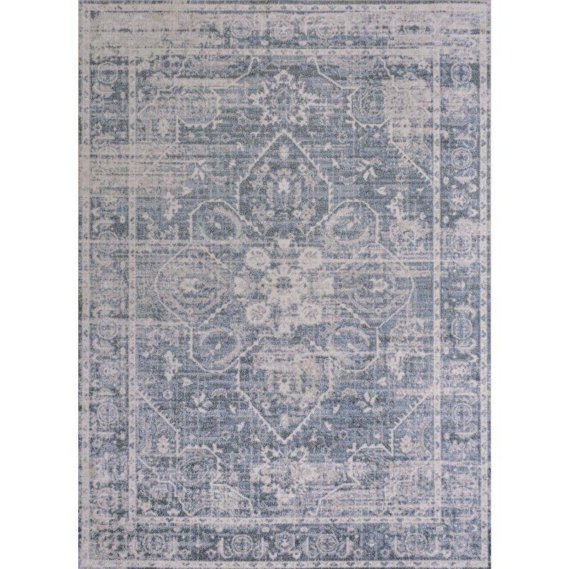 Blue and Light Gray Medallion Washable Synthetic 4' x 6' Rug