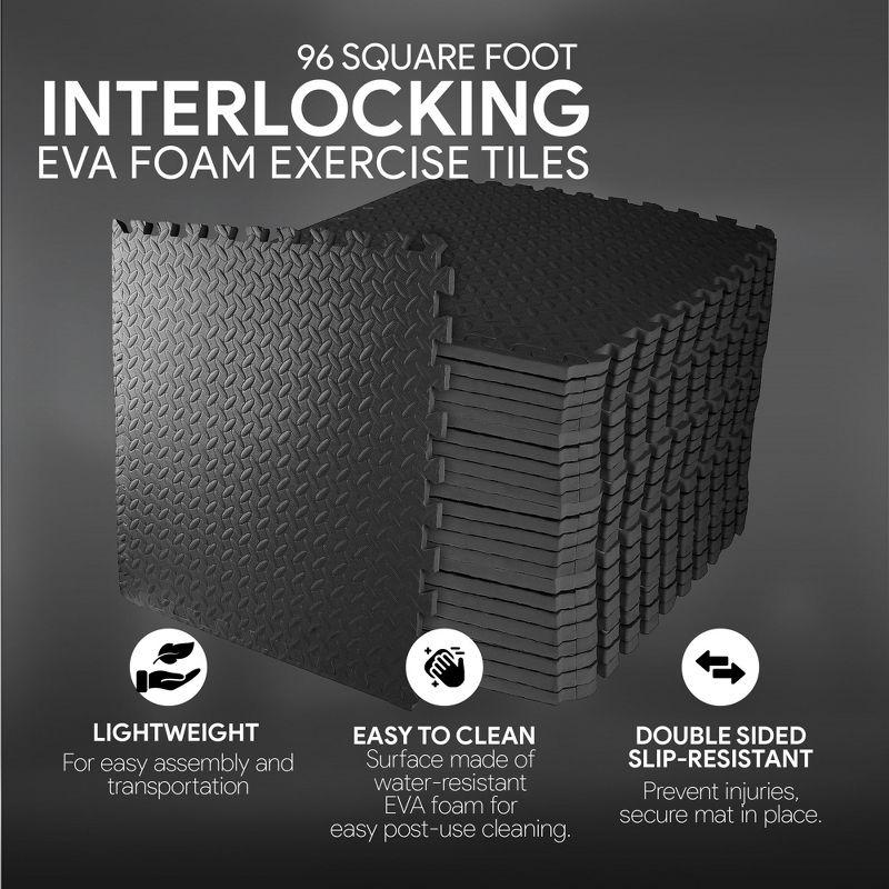 BalanceFrom Fitness 96 Square Foot Double Sided Non Slip High Density EVA Foam Exercise Mat Tiles with Interlocking Edges, Black  (2 Pack)