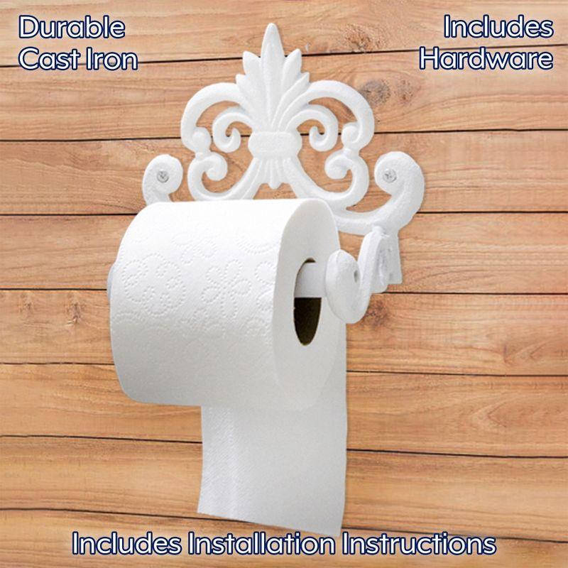 AuldHome Design White Farmhouse Cast Iron Toilet Paper Holder; Wall Mount Vintage Decor Fleur de Lis TP Hanger