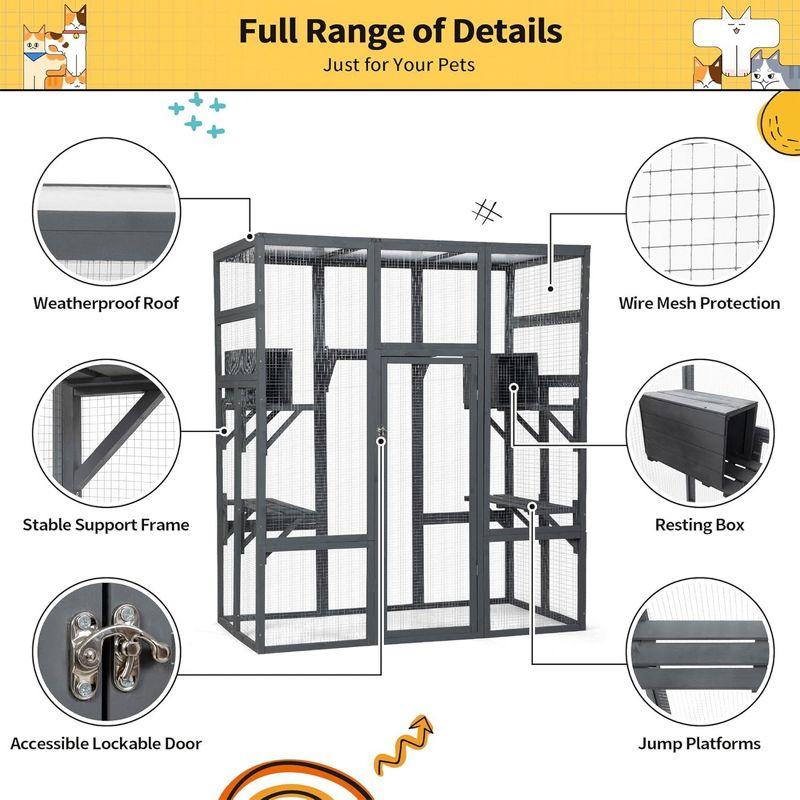 COZIWOW Large Catio Outdoor Cat Enclosure, 70" Spacious Cat House with Perches and Condos with Waterproof Roof, 7 Platforms, and 2 Resting Box, Grey