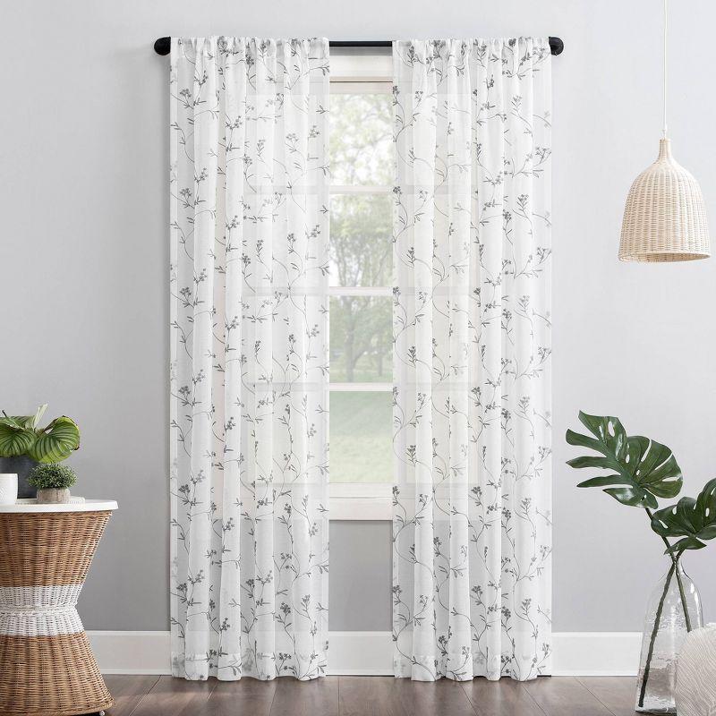 84"x50" Delia Embroidered Floral Sheer Rod Pocket Curtain Panel White - No. 918: Modern Botanical Indoor Curtain