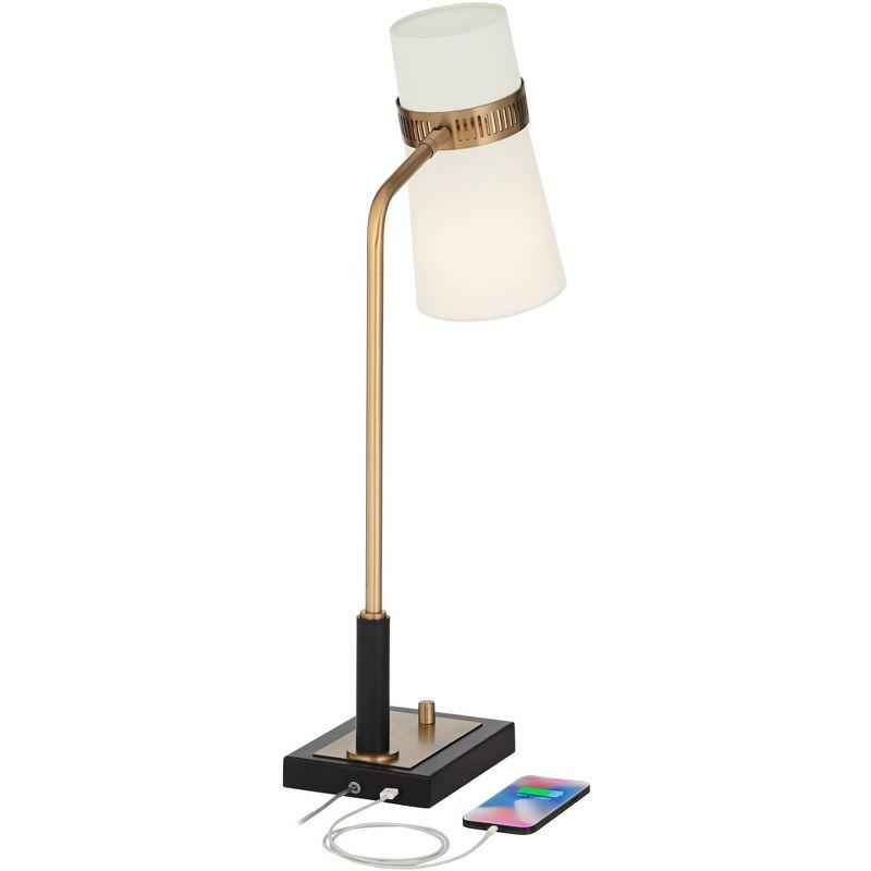 Possini Euro Design Cartwright Modern Mid Century Desk Lamp 32" Tall Antique Brass Black with USB Charging Port Linen Shade for Bedroom Living Room