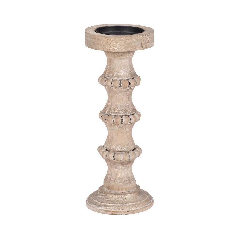 Sagebrook Home Wood Pillar Candle Holder with Decorative Beads, Antique Finish Candlestick for Home or Wedding Decor, Ivory/Beige, 5 L x 5 W x 13 H