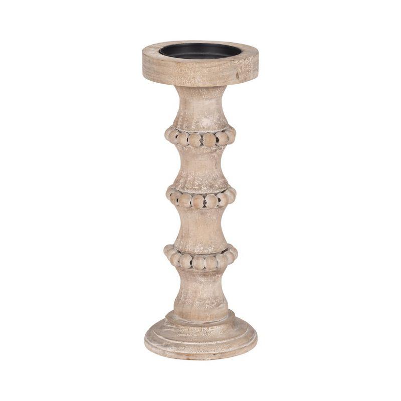 Wood Pillar Candle Holder with Decorative Beads, Antique Finish Candlestick for Home or Wedding Decor, Ivory/Beige