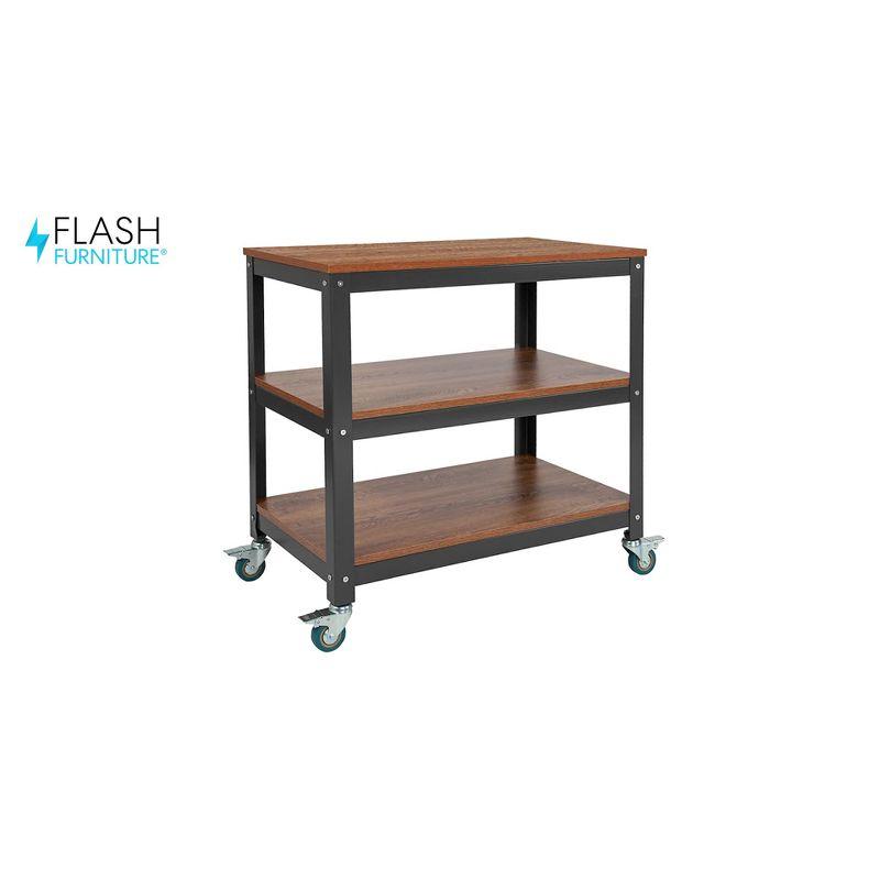 Flash Furniture Livingston Collection 30"W Rolling Storage Cart with Metal Wheels in Brown Oak Wood Grain Finish