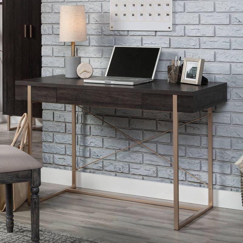 Blade Walnut Writing Desk with Gold Metal Frame and Drawer