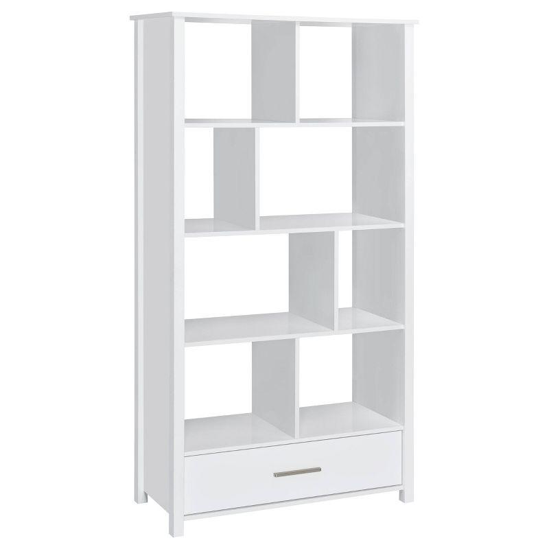 Coaster 68" Dylan 8 Shelf Bookcase with Storage Drawer White High Gloss : Laminated, Modern Design, Zinc Alloy Hardware