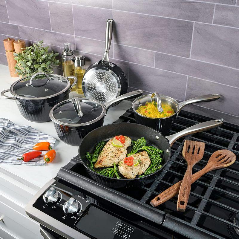 Kenmore Kenmore Logan 10 Piece Aluminum Nonstick Cookware Set In Black With Wood Utensils