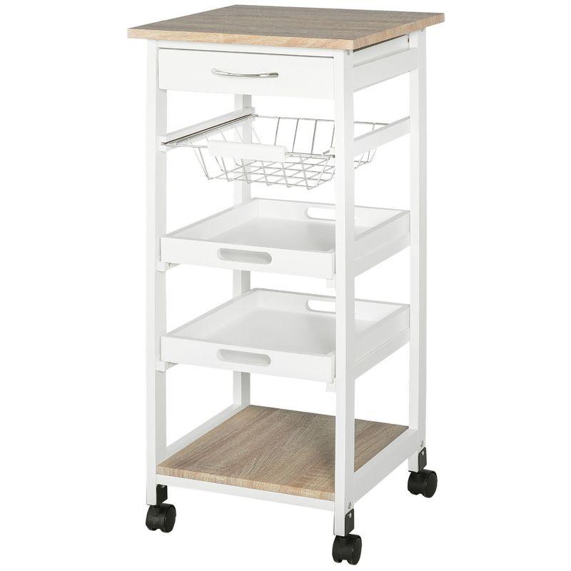 HOMCOM Mobile Rolling Kitchen Island Trolley Serving Cart with Underneath Drawer & Slide-Out Wire Storage Basket, White