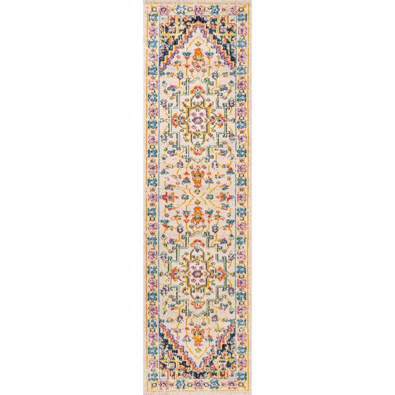 Ivory and Multicolor Medallion Synthetic Runner Rug