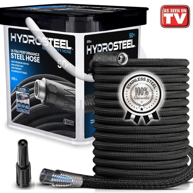 Hydrosteel Heavy Duty 50 Ft Ultra Performance Steel Garden Hose in a Bucket