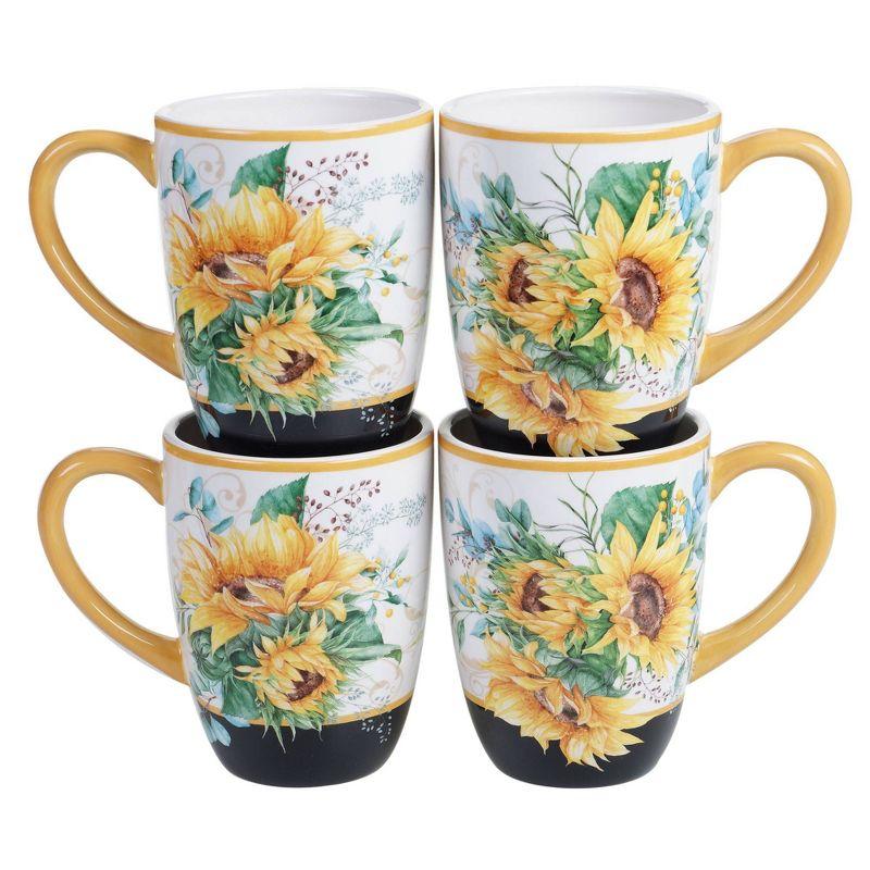 Sunflower Fields Ceramic 18oz Black and Yellow Mugs Set