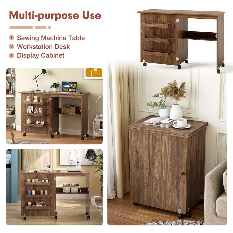 Costway Folding Sewing Craft Table Shelf Storage Cabinet Home Furniture W/Wheels Brown