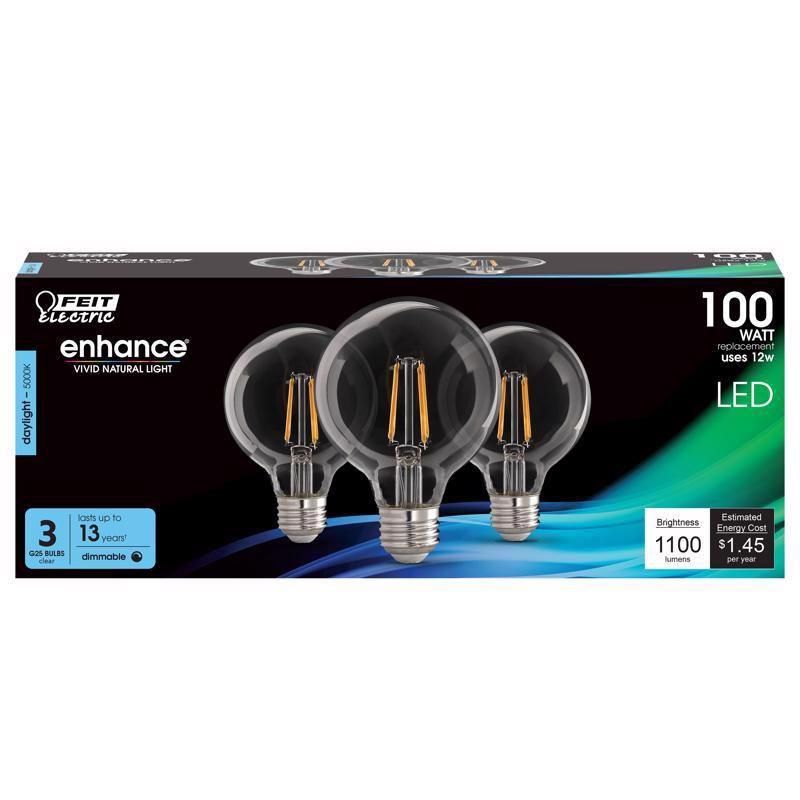 Feit Electric G25 E26 (Medium) Filament LED Bulb Daylight 100 Watt Equivalence 3 pk