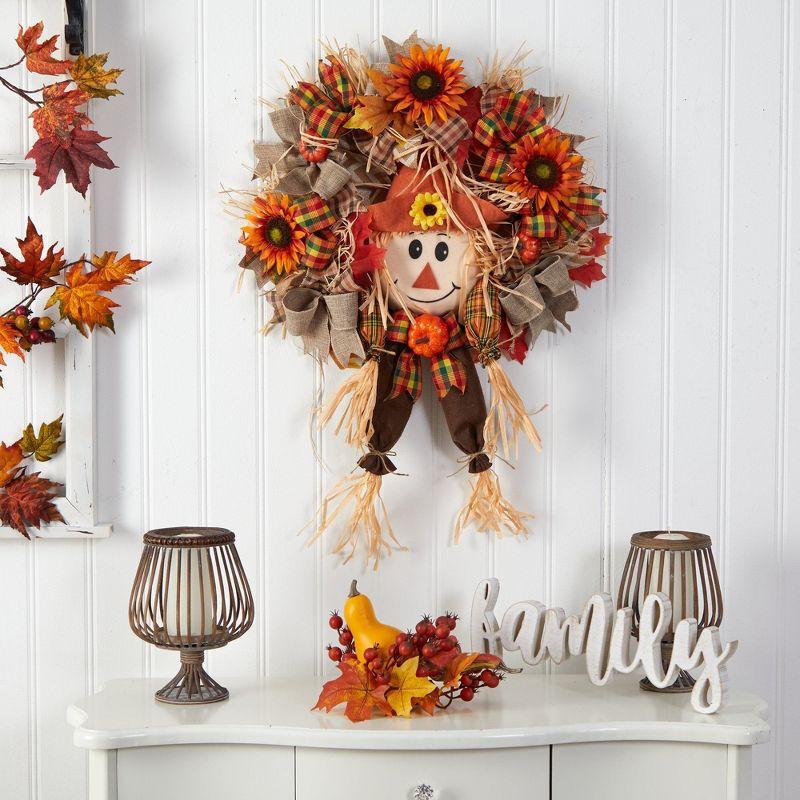 Nearly Natural 30” Scarecrow Fall Artificial Autumn Wreath with Sunflower, Pumpkin and Decorative Bows