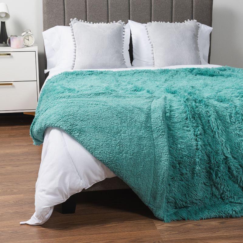 PAVILIA Fluffy Faux Fur Reversible Throw Blanket for Bed, Sofa, and Couch