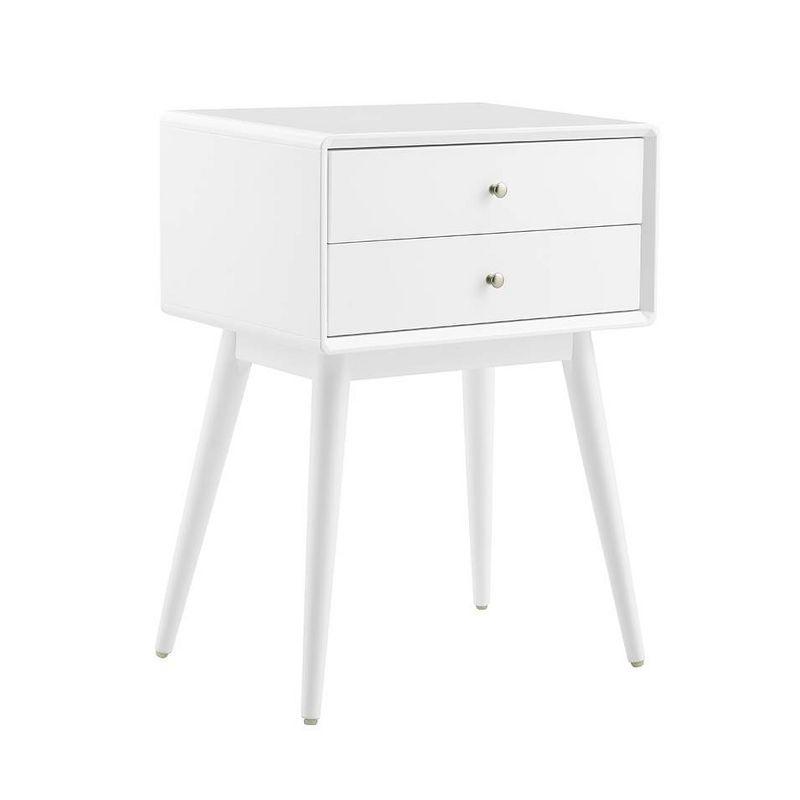 Mid-Century Modern White Wood and Metal Nightstand with Dual Drawers