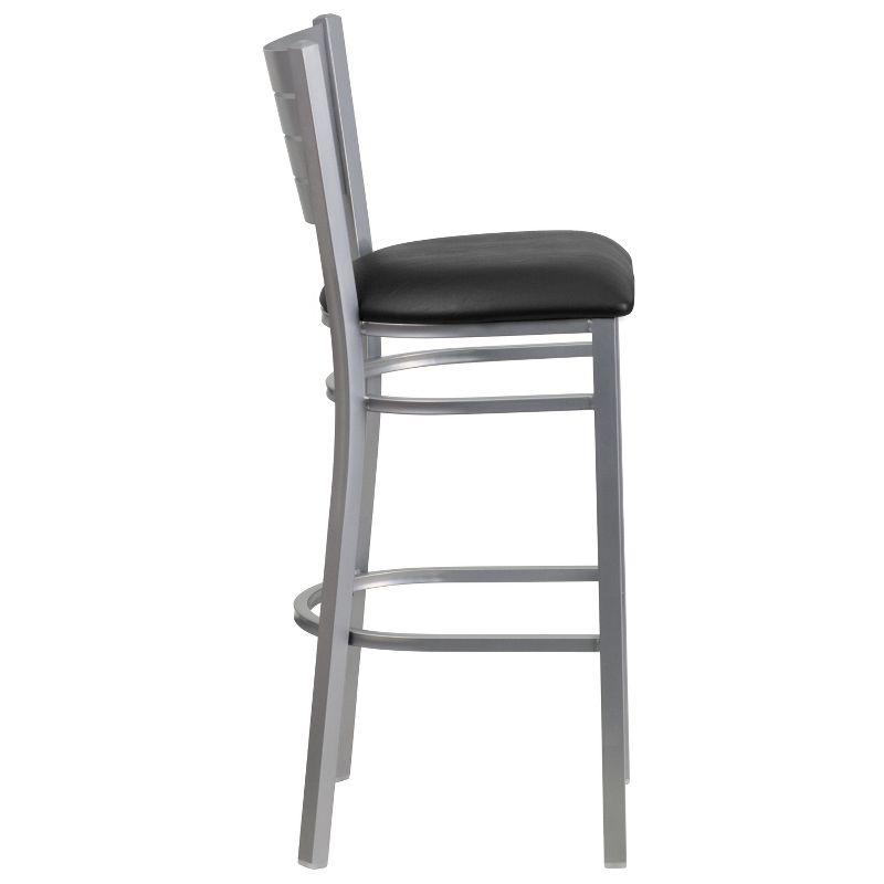 Sleek Silver Slat-Back Barstool with Black Vinyl Seat