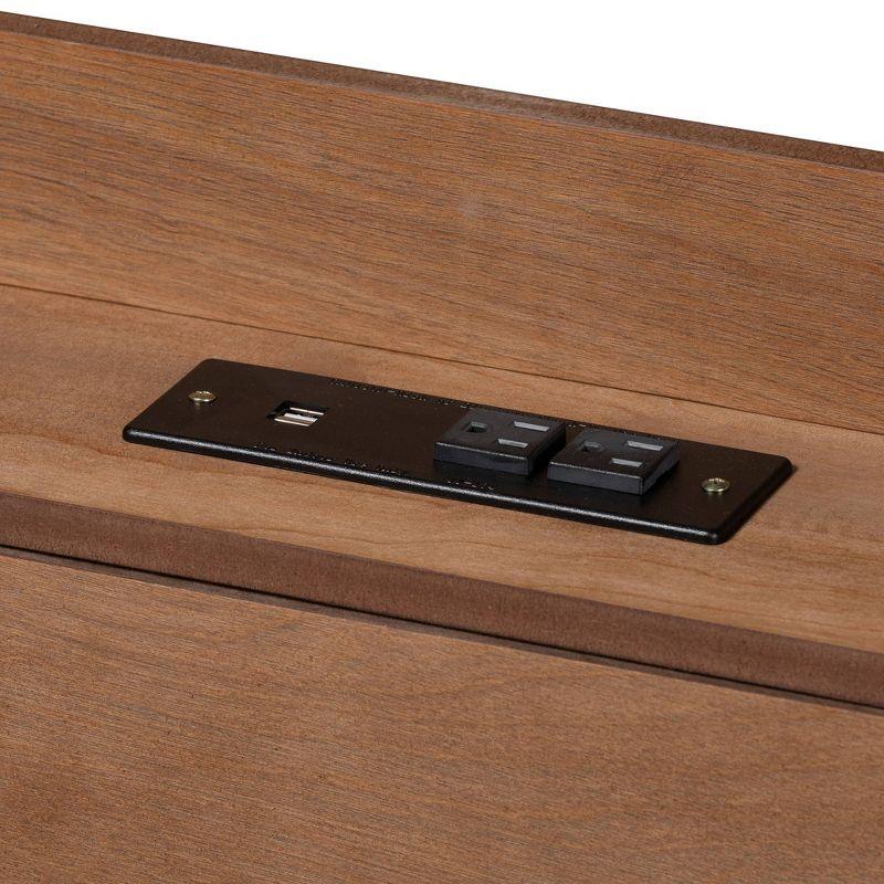 Walnut Brown Queen Wood Platform Bed with Charging Station