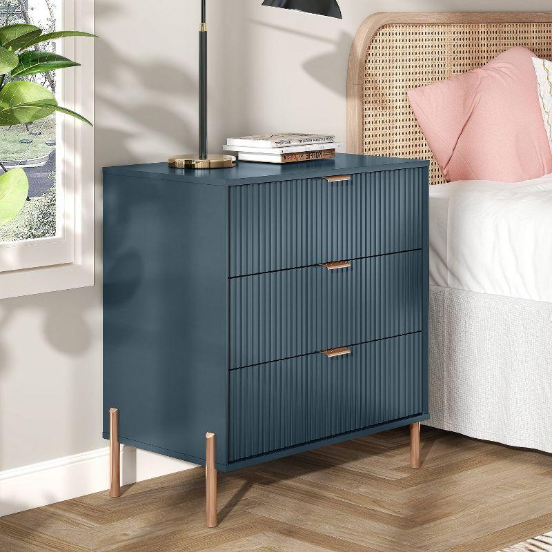 Festivo 3 Drawer Nightstand Navy: Scandinavian Modern Style, MDF Construction, Storage Solution with Anti-Tip Hardware
