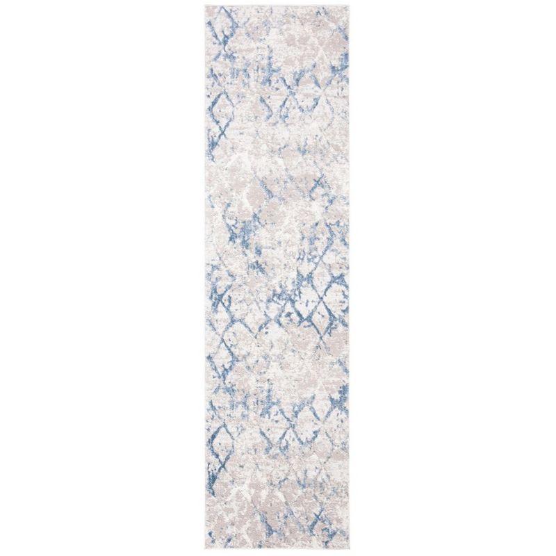 Light Grey and Blue Trellis Stain-Resistant Synthetic Rug