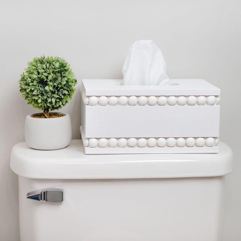 AuldHome Design Beaded Tissue Box Cover White; Rustic Farmhouse Wood Tissue Holder