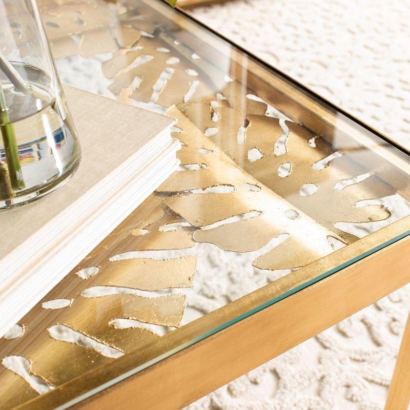 Elegant Gold Leaf Rectangular Glass Coffee Table with Palm Design