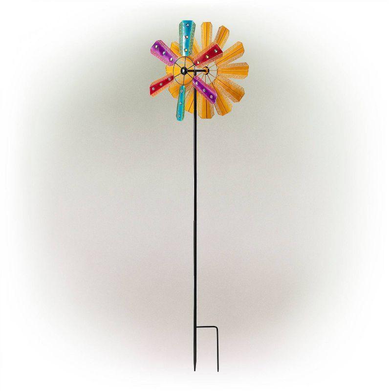 Colorful Bejeweled Metal Windmill Spinner Garden Stake - Alpine Corporation: Decorative Yard Art, Iron Crafted, Multicolored Gems