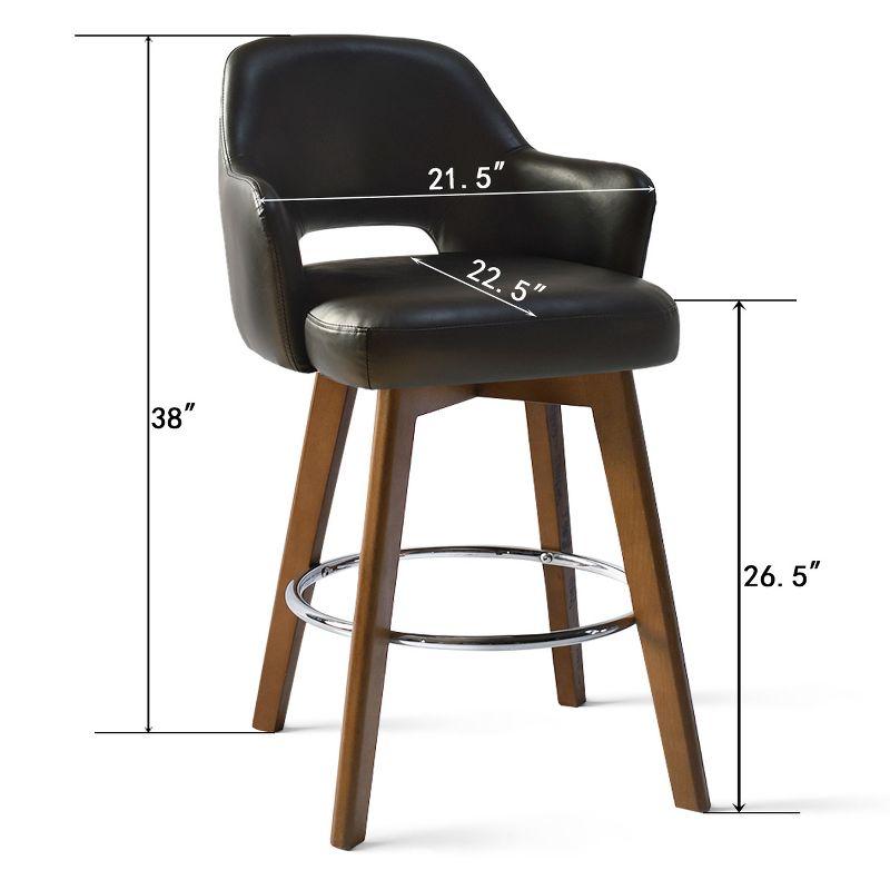 26.5" Edward Armrest Black Faux Leather Thick Seat 360° Swivel Counter Height Barstool Combine with Rubberwood Legs and Silver Footrest-Maison Boucle