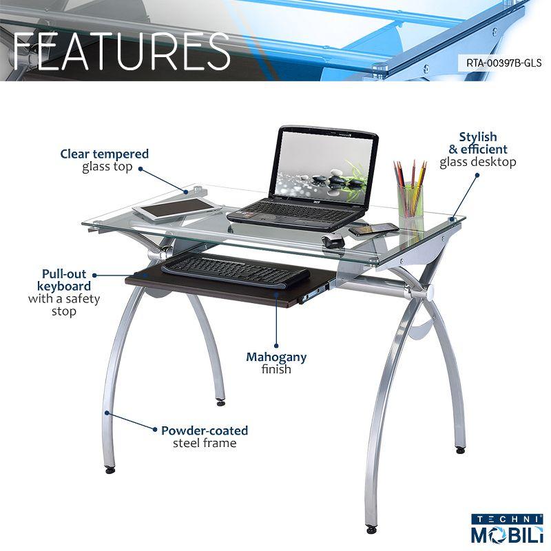 Contemporary Clear Glass Top Computer Desk with Pull Out Keyboard Panel Clear - Techni Mobili: Curved Steel Frame, Mahogany Veneer, Home Office