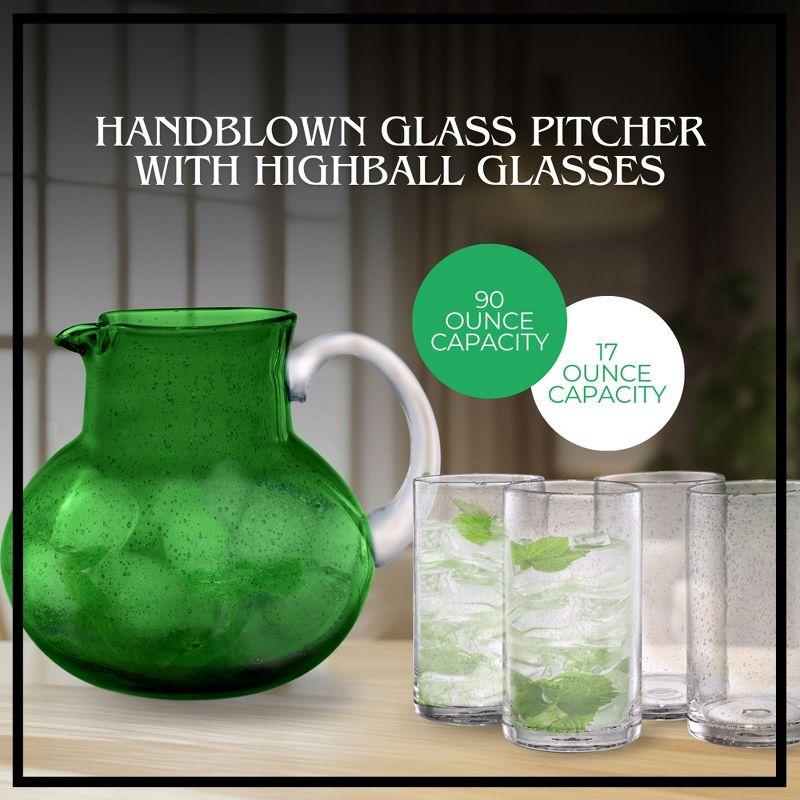 Artland Iris 90oz Hand Blown Green Pitcher & Set of 4 17oz Clear Highball Glasses, Unique Bubble Design, Lead-Free Glass for Serving Beverages