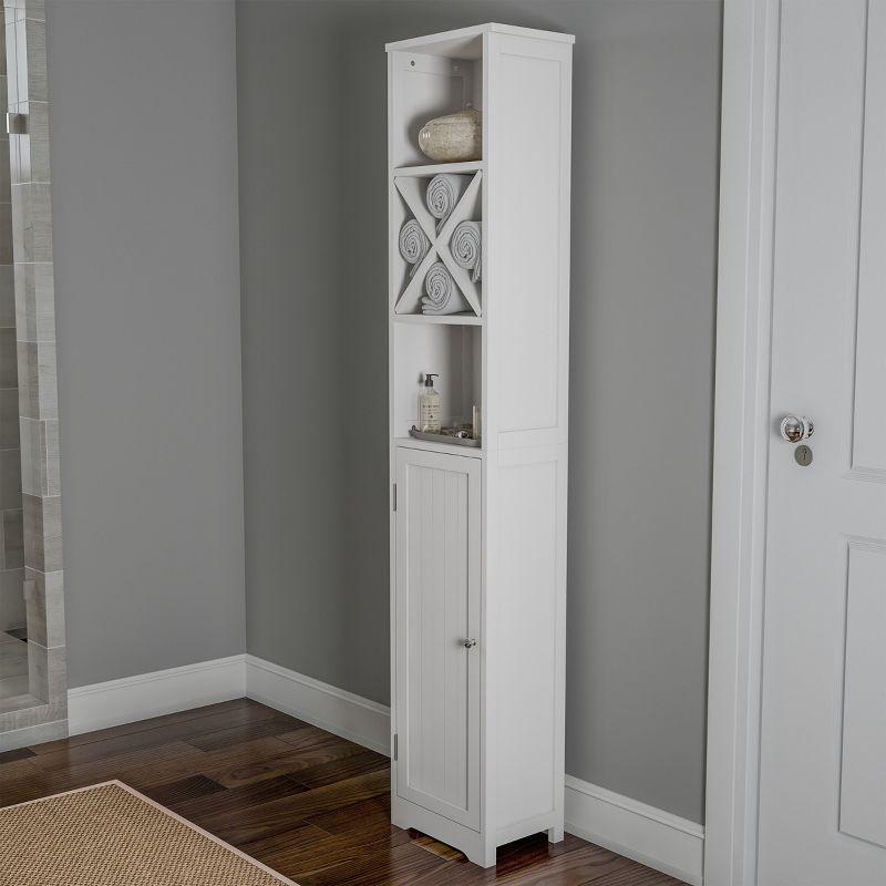 Sleek White Freestanding Bathroom Linen Tower with Adjustable Shelving