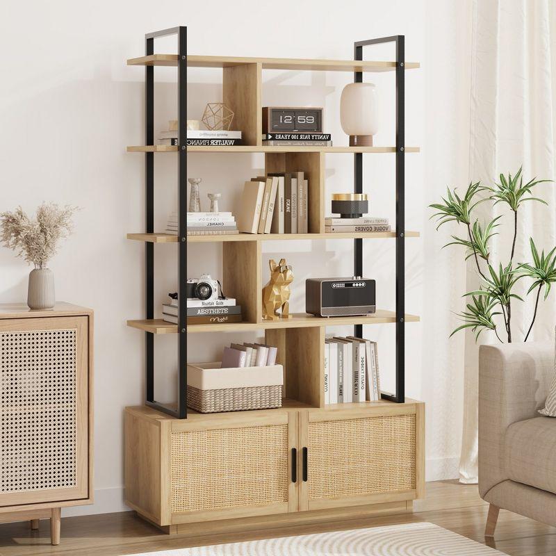 5 Tier Rattan Bookshelf with Storage Cabinet & Door, 71.1 Inch Tall Industrial Book Shelf,5 Shelf Bookcase with Metal Frame-Burlywood