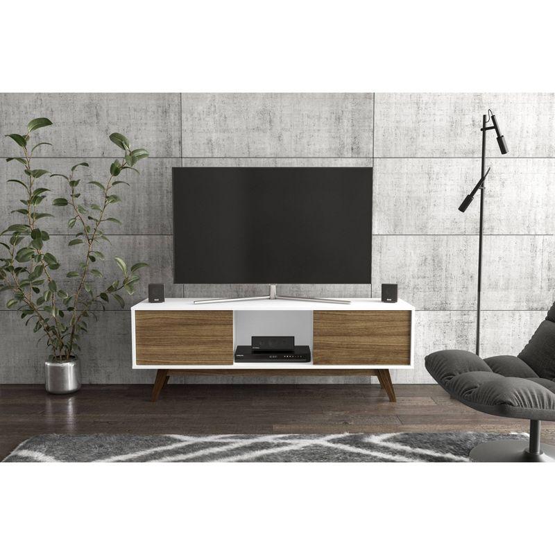 Sleek Dual-Tone White/Walnut TV Stand with Cabinet Storage