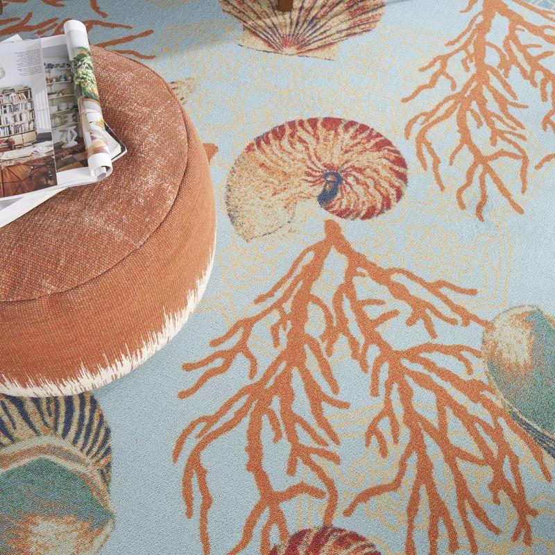 Light Blue Coastal Seashell Floral Synthetic Area Rug