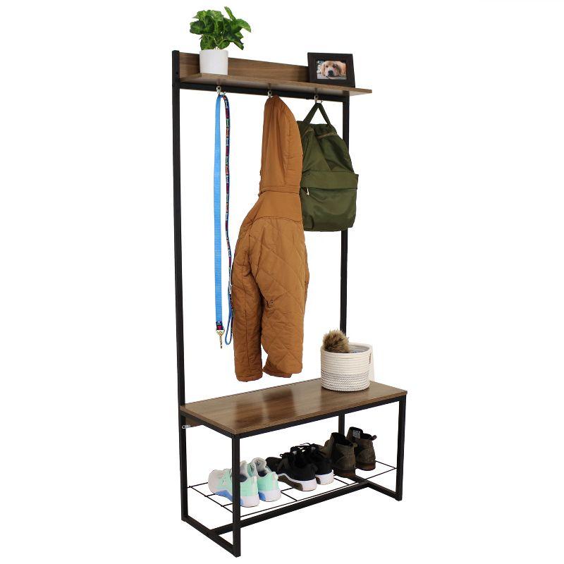 Sunnydaze Indoor Industrial-Style Hall Tree Bench with Coat/Shoe Rack - MDP Shelves with Powder-Coated Steel Frame - Brown - 67 in