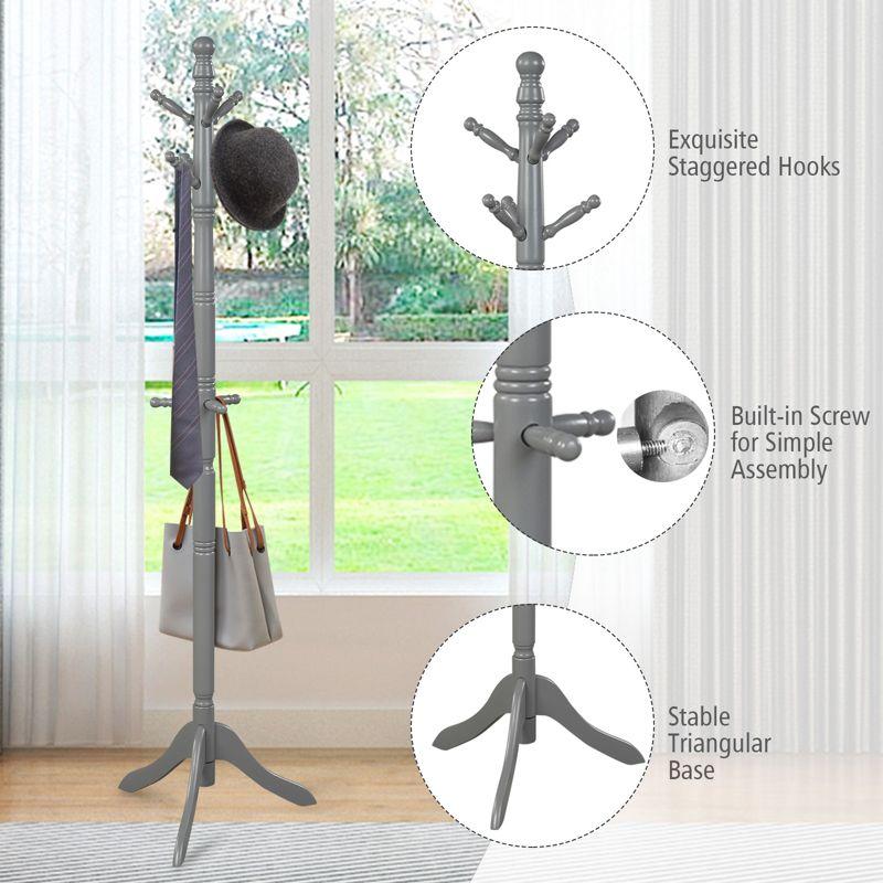 Tangkula Free Standing Coat Rack Solid Wood Hall Tree w/9 Hooks & 2 Adjustable Height Grey