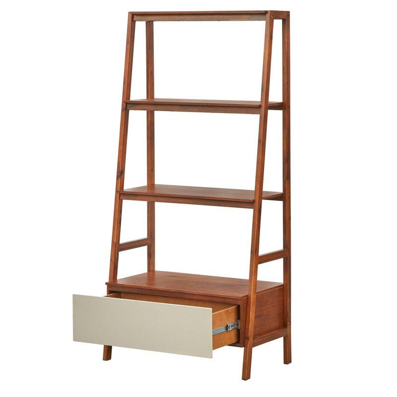 71" Nordic Ladder Shelf Walnut - Lifestorey: Mid-Century Modern Bookcase with Drawer, Open Back Design