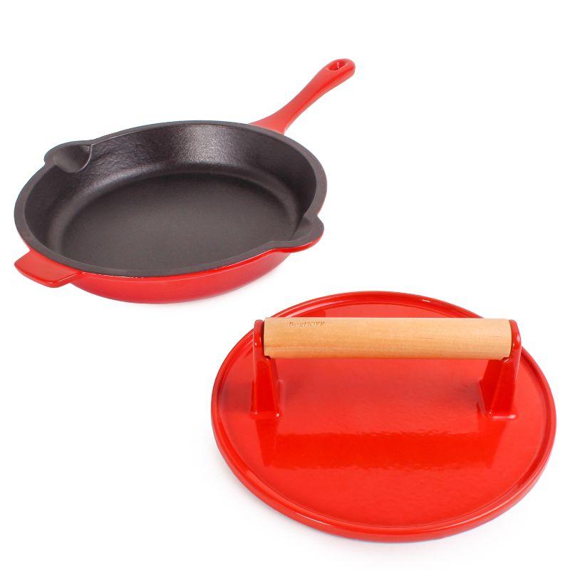 BergHOFF BergHOFF Neo 2Pc Red Enamel Cast Iron Cookware Set with 10" Fry Pan and Steak Press