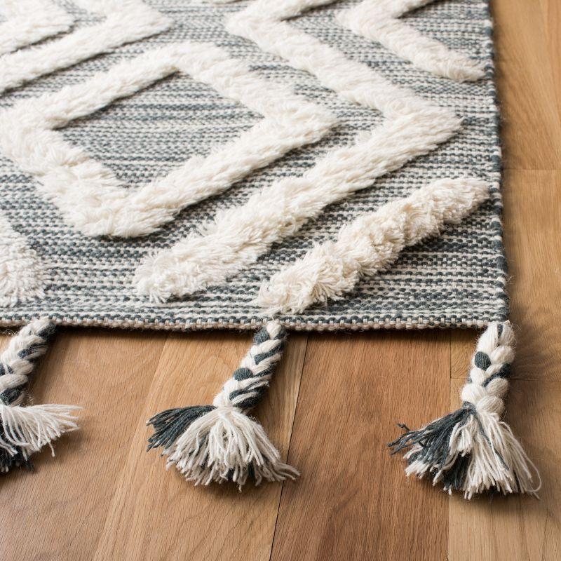 Teal and Ivory Hand-Knotted Wool Runner with Fringe