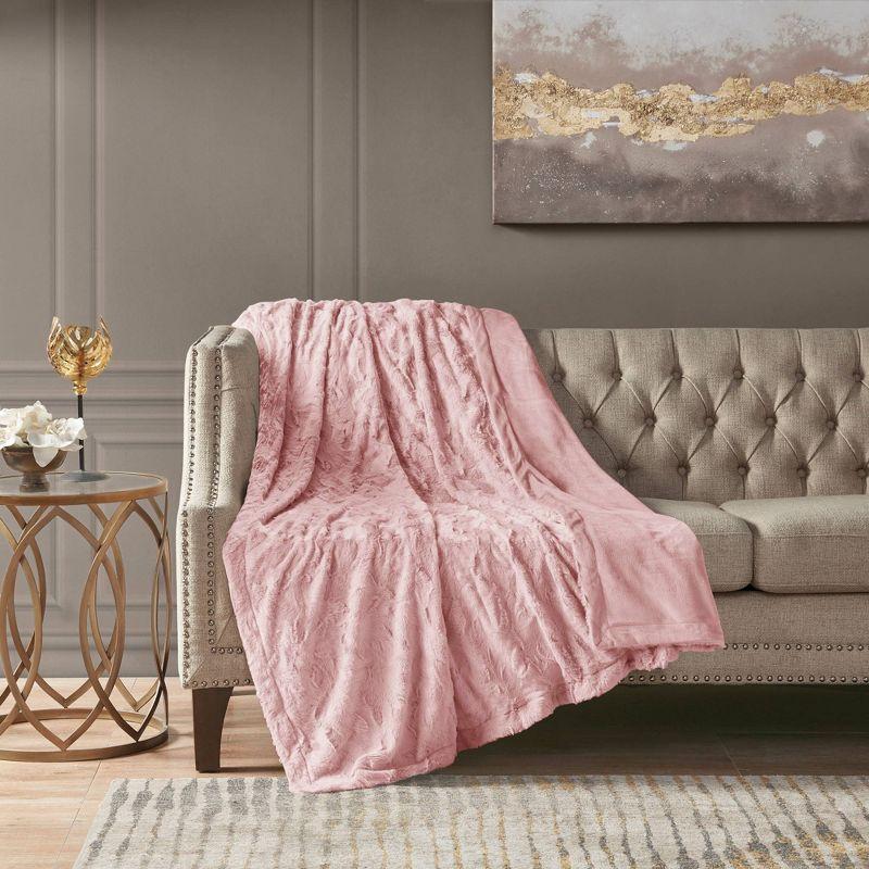 60"x70" Oversized Marselle Faux Fur Throw Blanket Blush - Madison Park