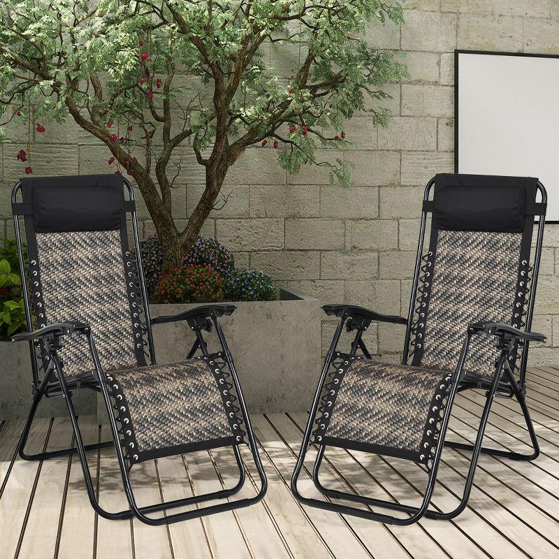 Tangkula Grey Folding Recliner 2PCS Patio Rattan Zero Gravity Lounge Chair With Headrest