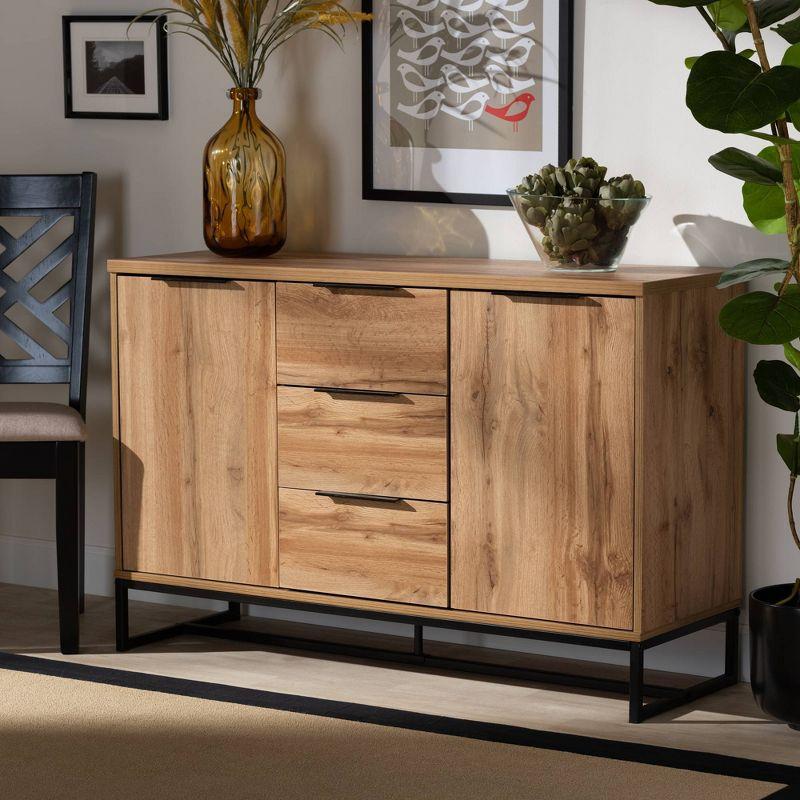 Baxton Studio Reid Wood & Metal 3 Drawer Sideboard Buffet Oak/Black : Farmhouse Style, Fixed Shelves, Storage Cabinet