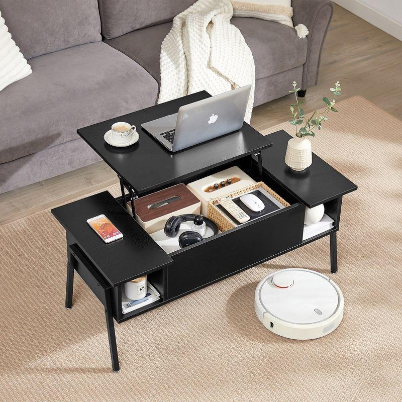 VECELO 42 Inch Lift Top Coffee Table with Metal Legs, Rising Center Table w/Hidden Compartment and 2 Storage Shelves, Black