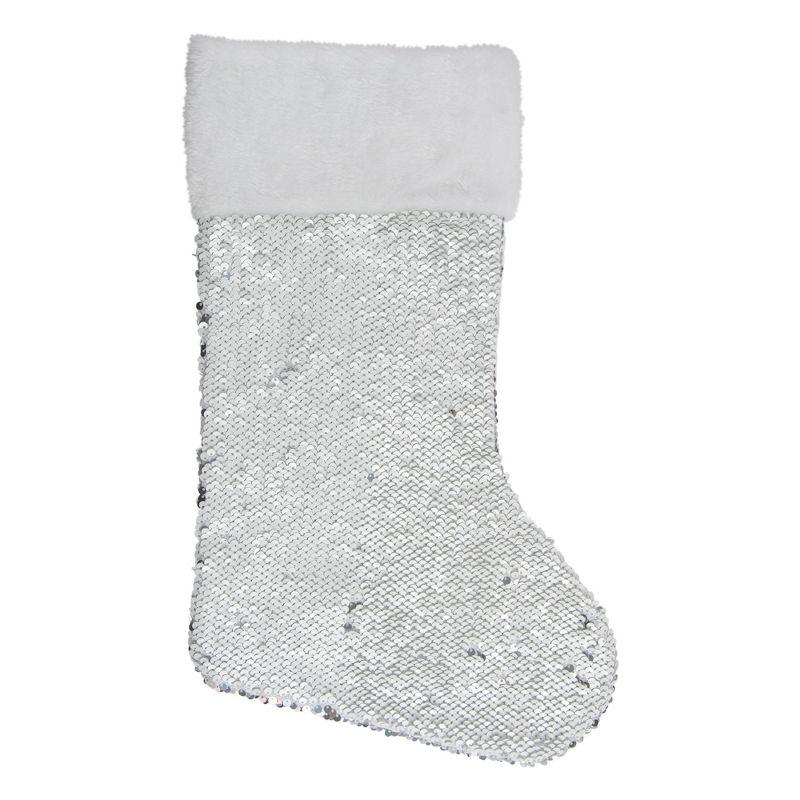 Northlight 19" White and Silver Sequin Christmas Stocking With White Faux Fur Cuff