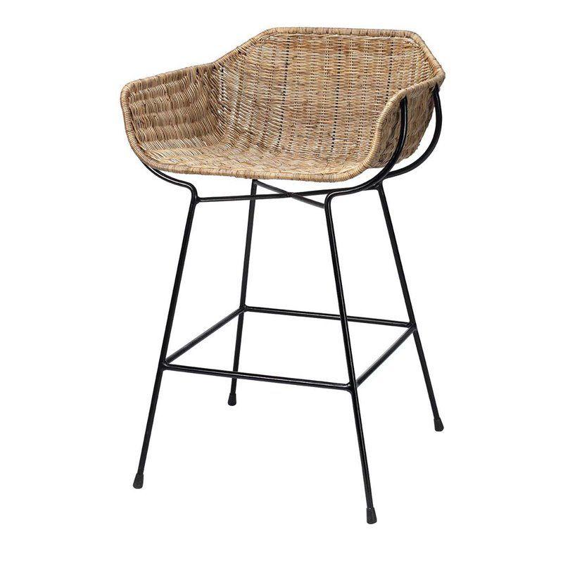 Haneza Bar Stool In Natural Rattan & Black Steel