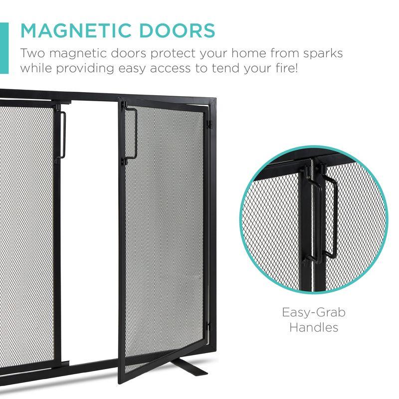 38.5 x 31 in 2-Door Fireplace Screen, Handcrafted Wrought Iron Spark Guard w/ Magnetic Doors