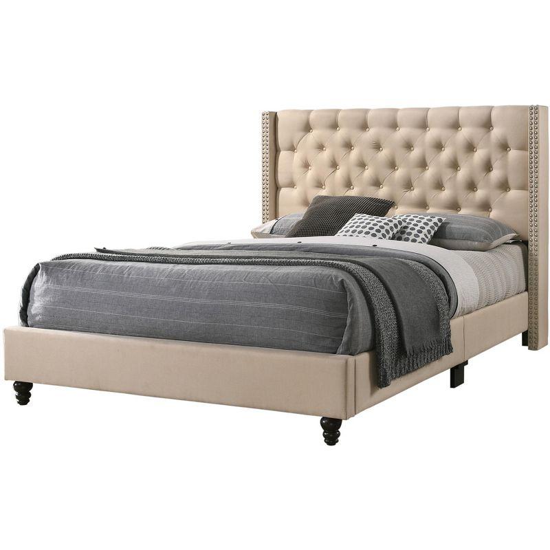 Elegant Beige Velvet Tufted Queen Bed with Nailhead Trim